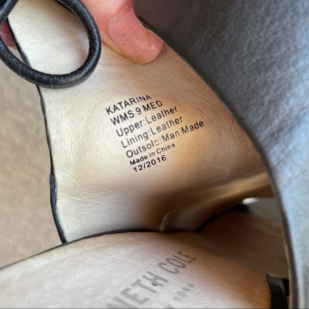 KENNETH COLE Black Leather Katarina Open Toe Chunky Sandal Heels Sz 9 - Picture 9 of 13